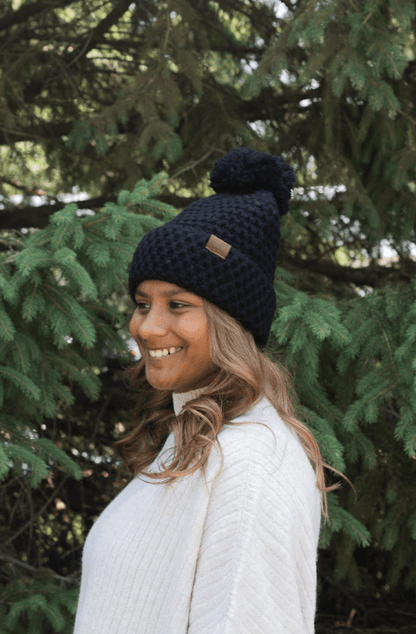 Bee Stitch Pattern Cuff Pom Beanie - Black