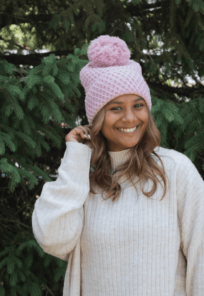 Bee Stitch Pattern Cuff Pom Beanie - Lavender Rose