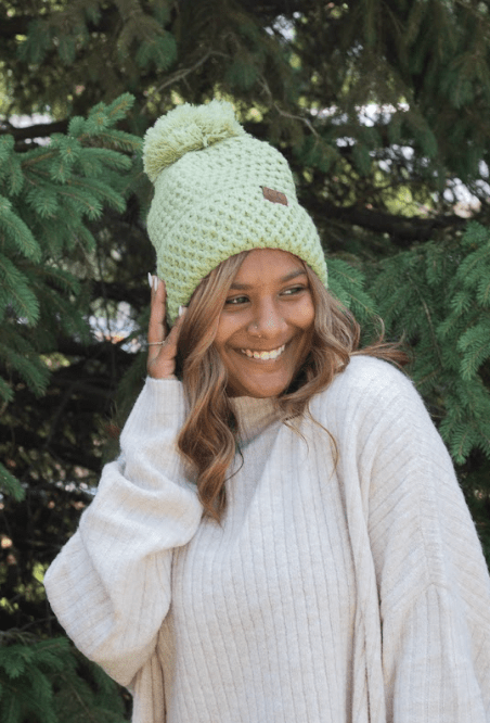 Bee Stitch Pattern Cuff Pom Beanie - Winter Lime