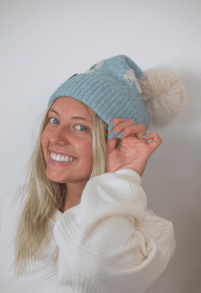 Daisy Pattern Pom Beanie - Heather Mint