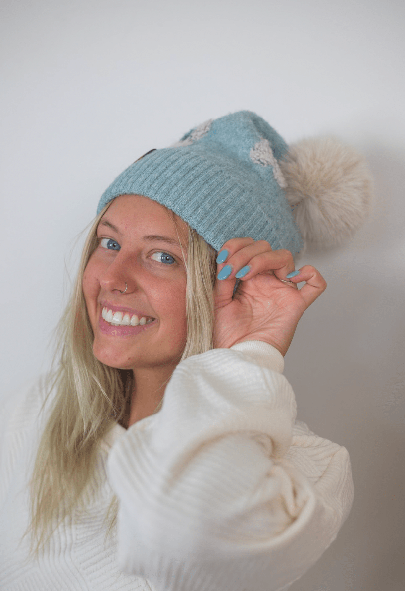 Daisy Pattern Pom Beanie - Heather Mint