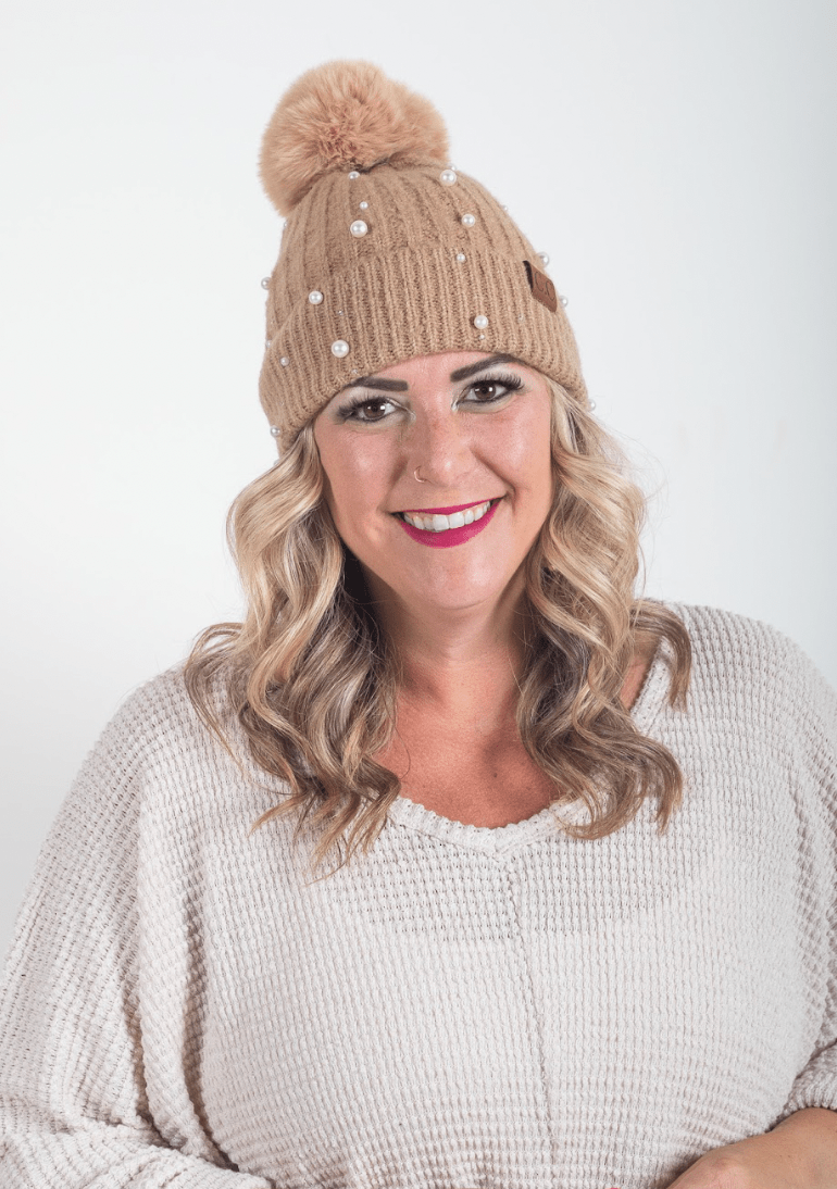 Camel Pearl Pom Beanie