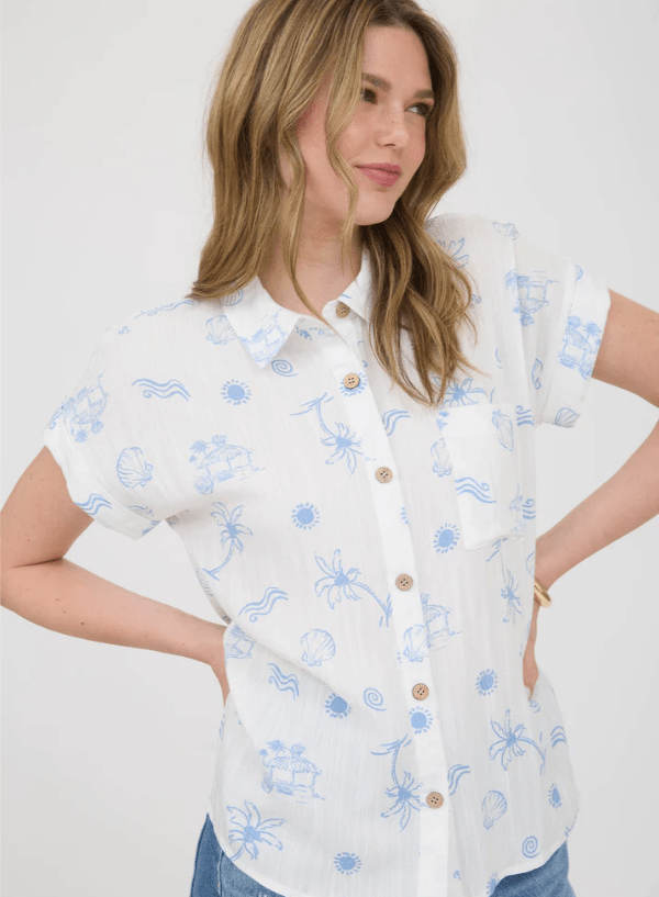 Light Blue Summer Print Collared Shirt