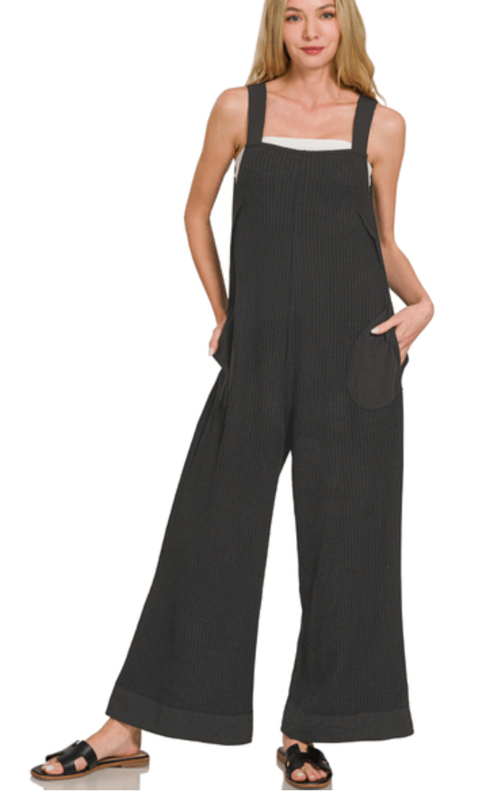 Black Knit Waffle Wide Leg Overalls