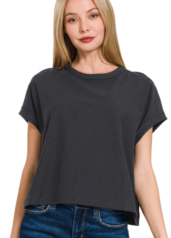 Black Cotton Round Neck Tee