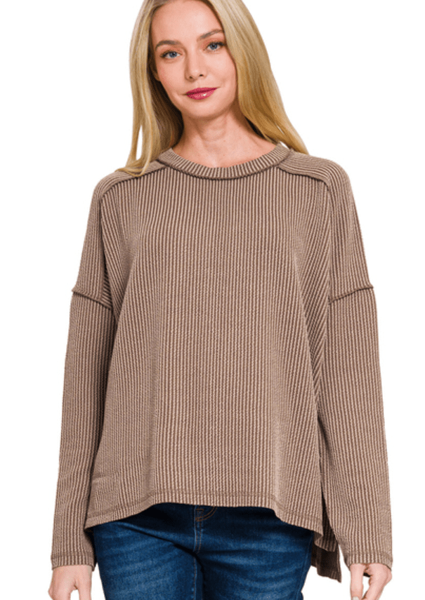 Brown Raised Ribbed Long Sleeve Top