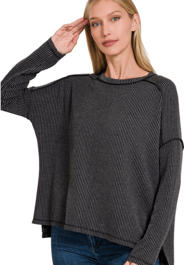 Charcoal Raised Ribbed Long Sleeve Top