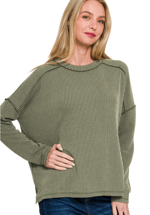 Dark Olive Raised Ribbed Long Sleeve Top