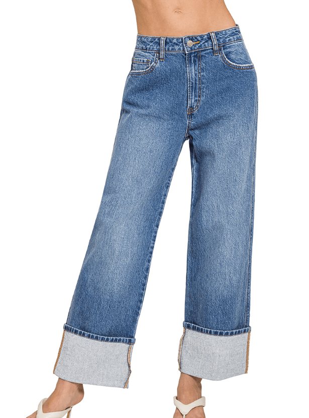 Medium High Rise Cuffed Wide Leg Denim