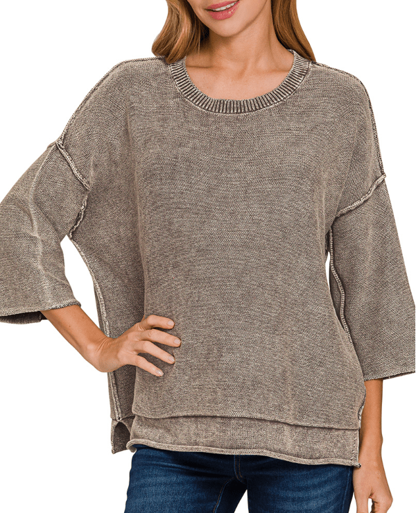 Brown Washed 3/4 Sleeve Boxy Sweater
