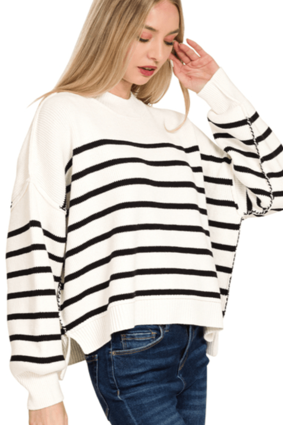 Ivory & Black Stripe Exposed Seam Sweater
