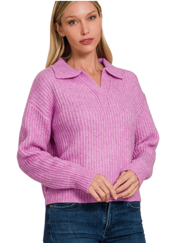 Mauve Melange Collared V-Neck Sweater