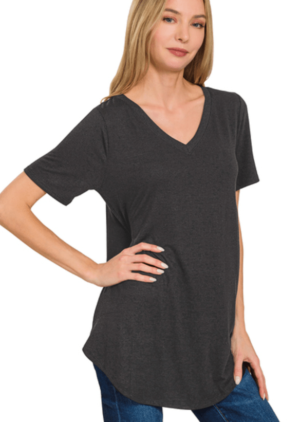 Black V-Neck Round Hem Top