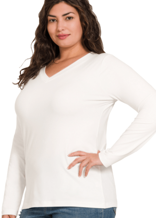 Off White Brushed V-Neck Long Sleeve Top