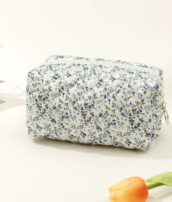 Blue Ditsy Quilted Floral Cosmetic Bag