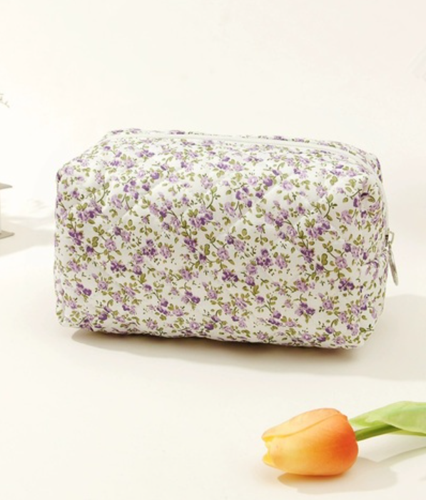 Lavender Quilted Floral Cosmetic Bag