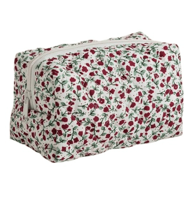 Red Quilted Floral Cosmetic Bag