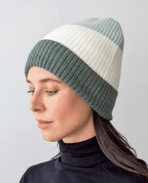 Sage Color Block Beanie with Fur Lining
