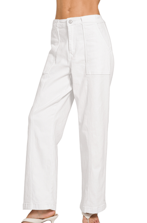 White Straight Leg Utility Pocket Denim Pants