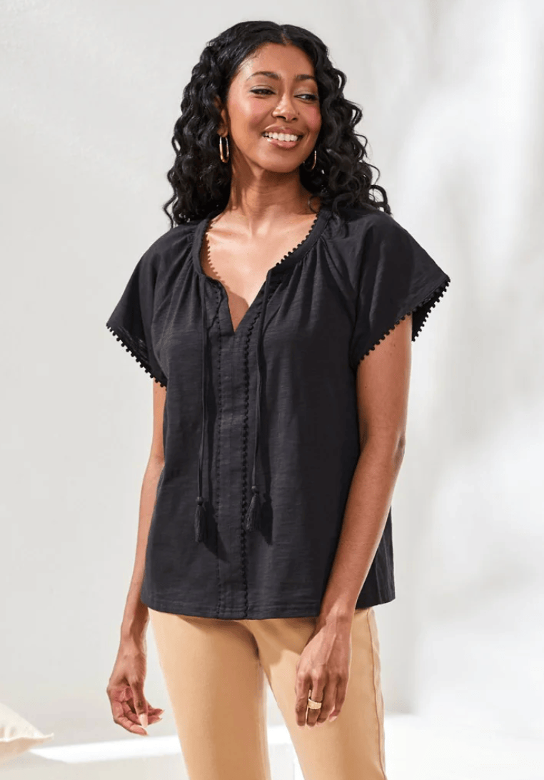 Black Cotton Slub Split Neck Tassel Top