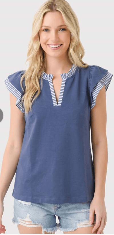Denim Stripe Contrast Ruffle Sleeve Top