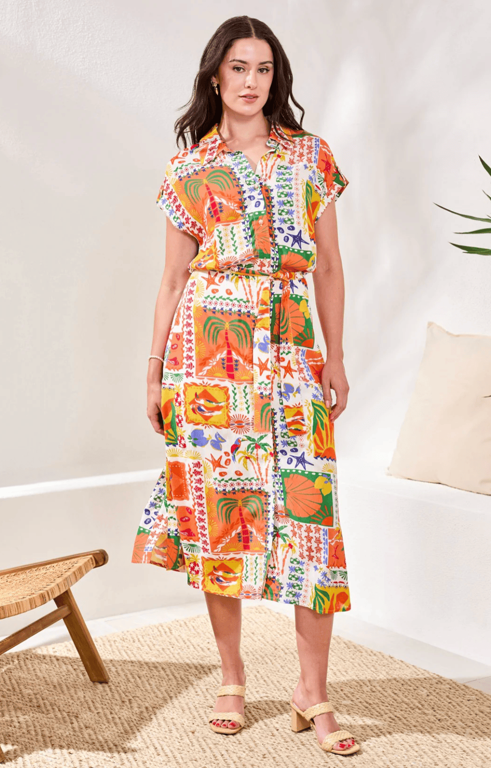 GuavaBlush Lightweight Cotton Crosshatch Button-Front Belted Midi Dress