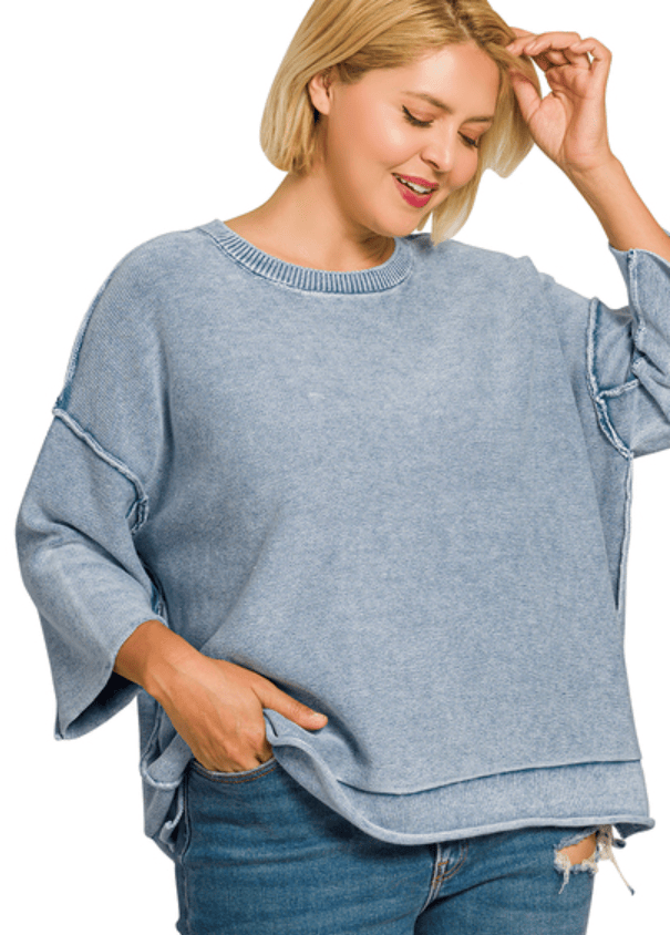 Dusty Blue Washed 3/4 Sleeve Boxy Sweater