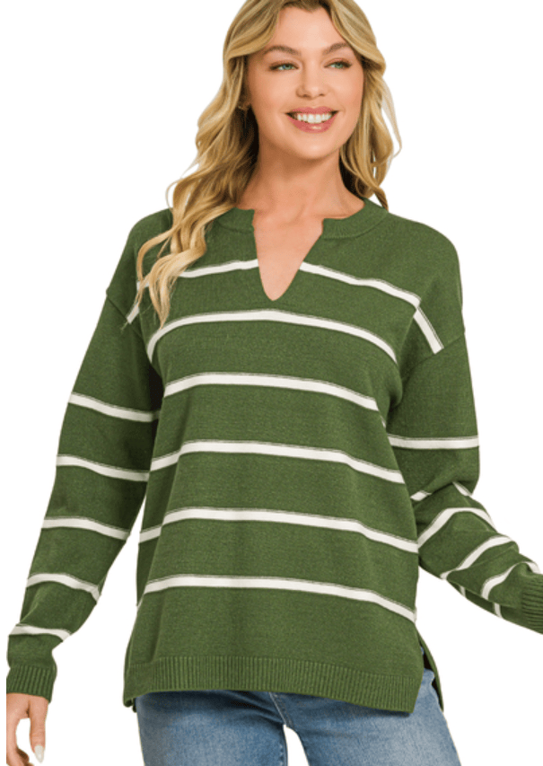 Army Green Stripe Split Neck Sweater