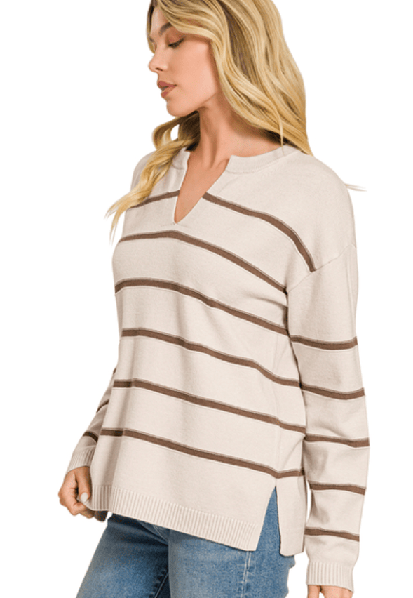 Bone & Brown Stripe Split Neck Sweater
