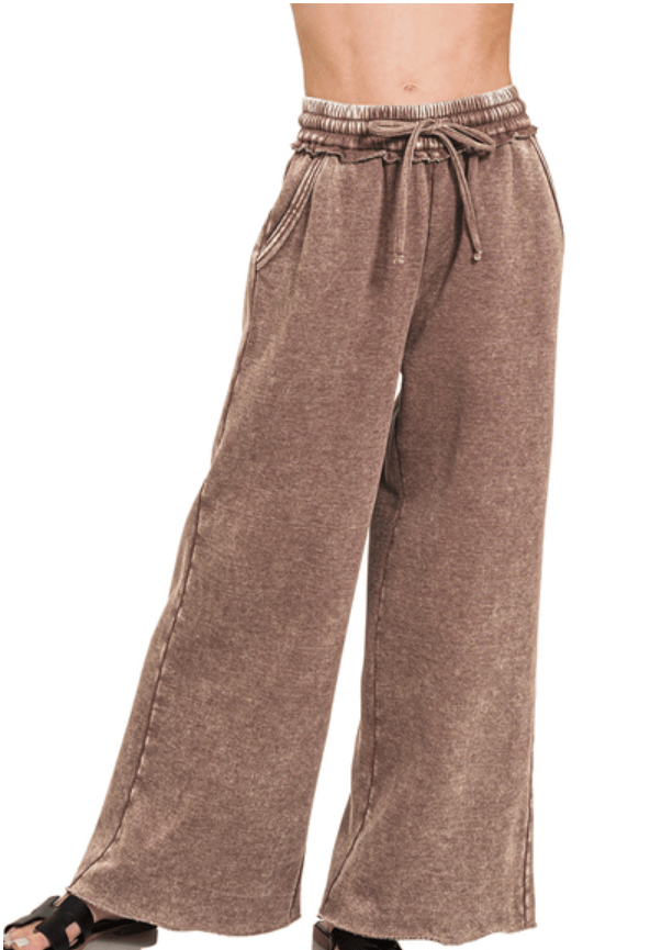 Brown Acid Wash Fleece Palazzo Pants