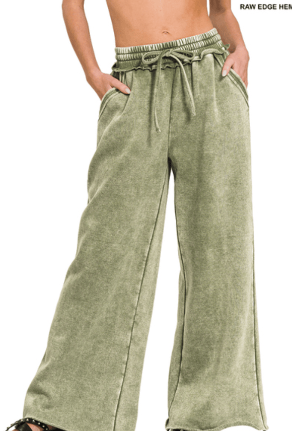 Light Olive Acid Wash Fleece Palazzo Pants