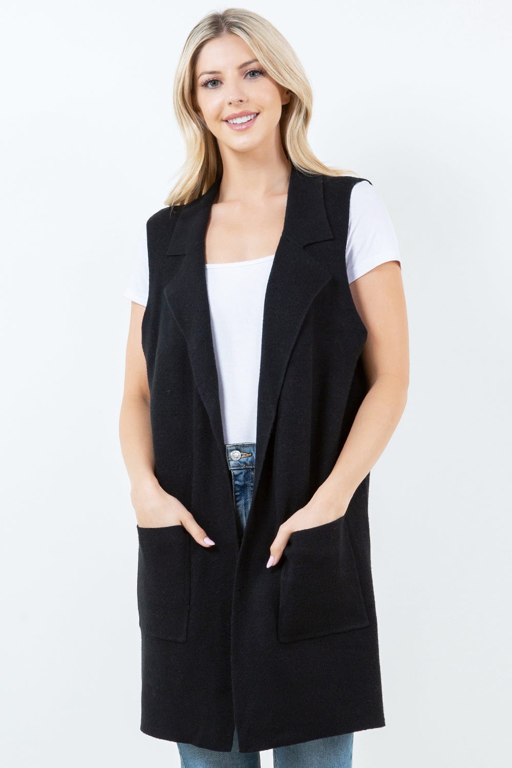Black Open Front Long Vest