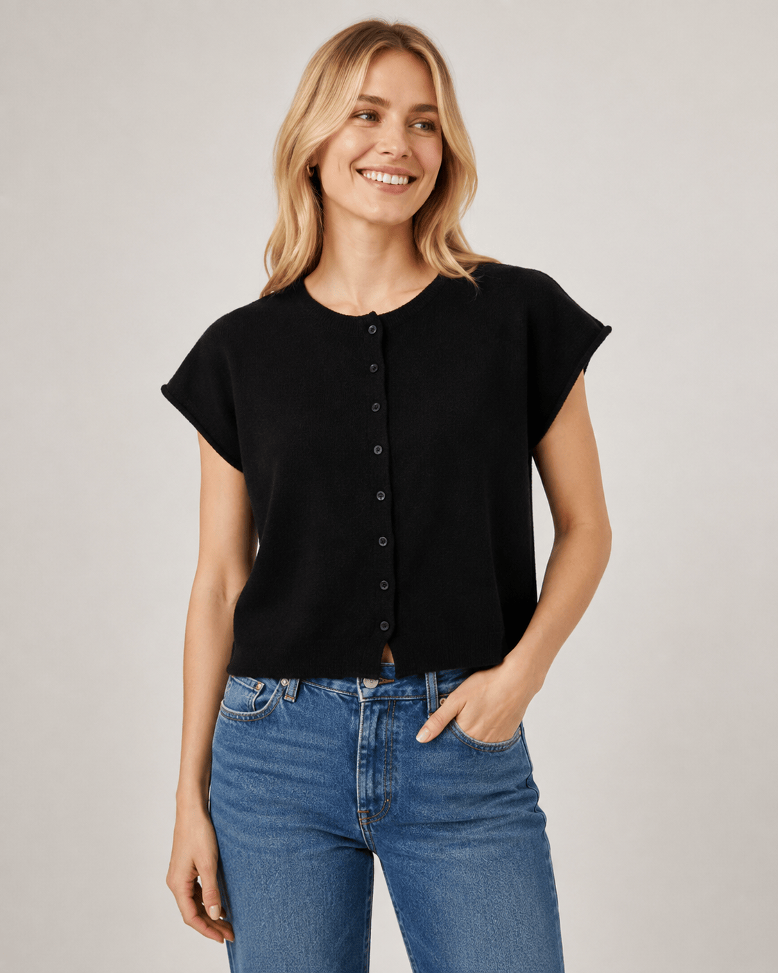 Black Short Sleeve Button Knit Cardigan
