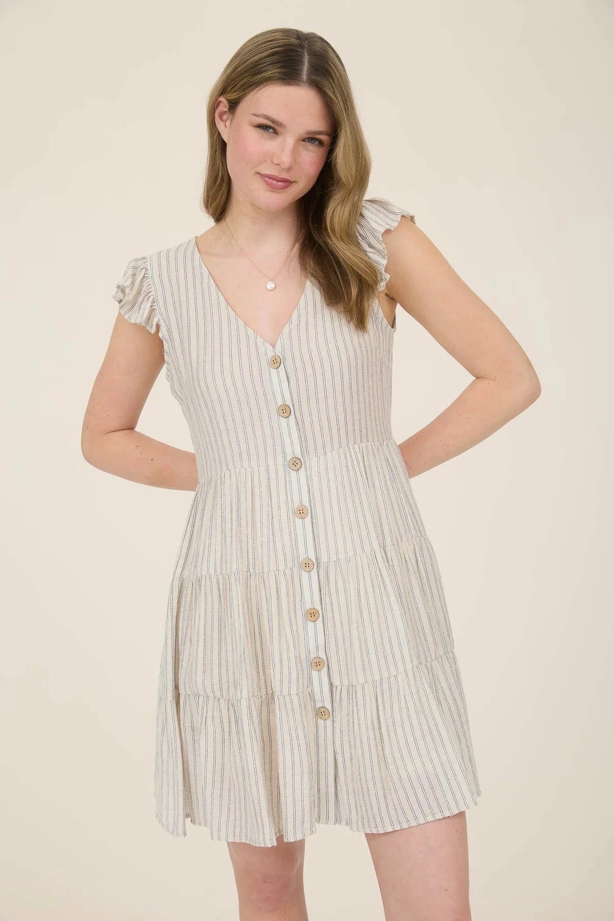 Khaki Stripe Button Tiered Mini Dress