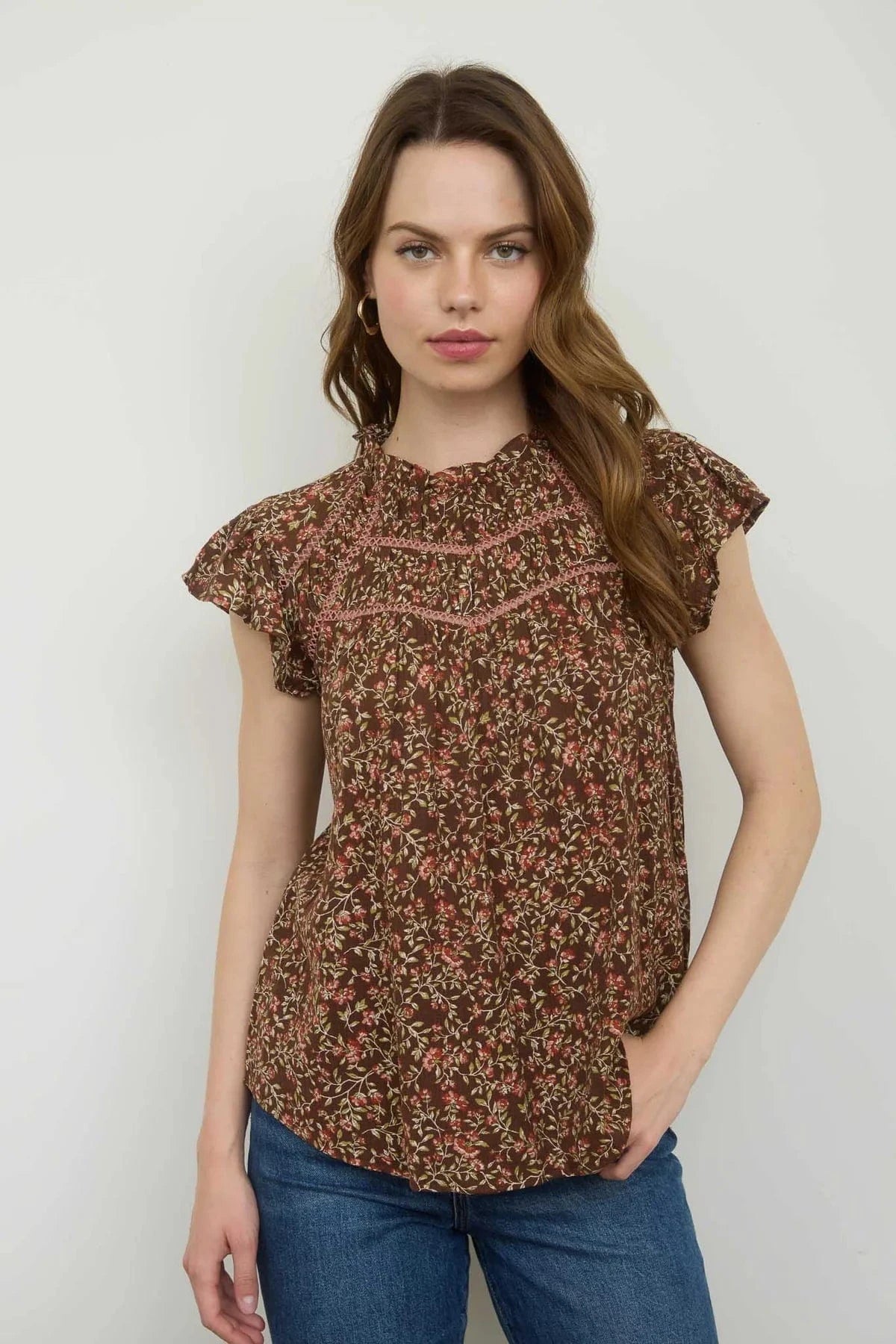 Brown Floral Yoke Ruffle Detail Top