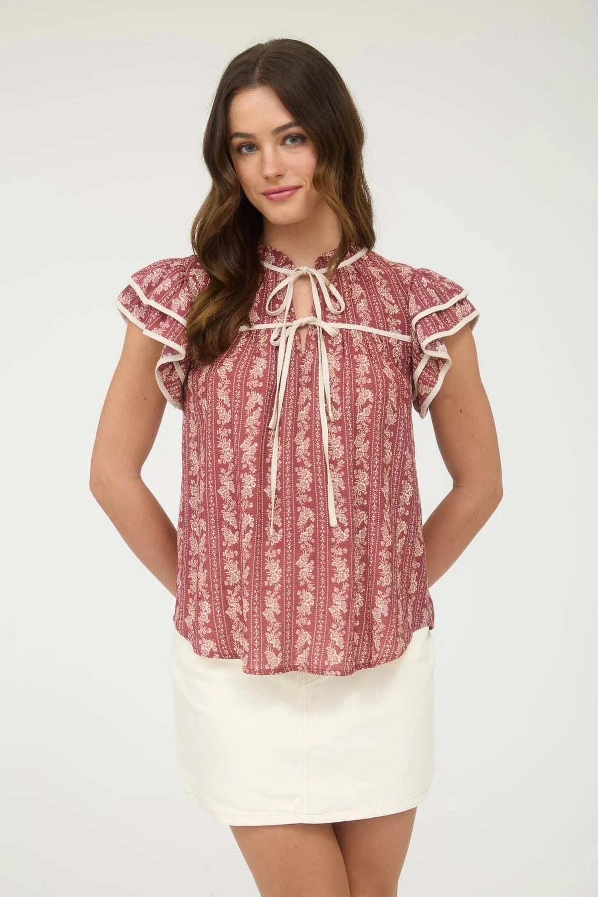 Burgundy Stripe Floral Tie Ruffle Top