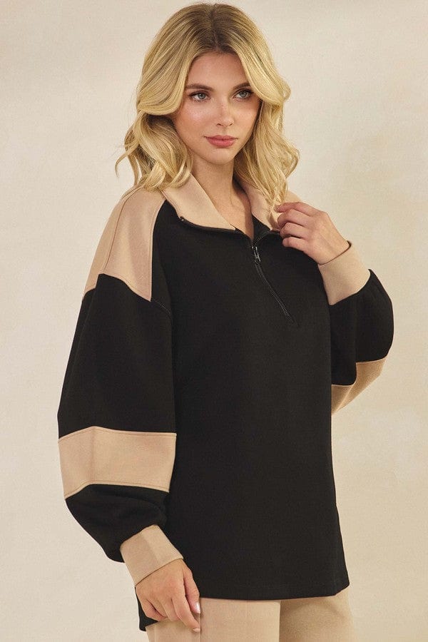 Black & Khaki Sleek ColorBlock Half-Zip Top