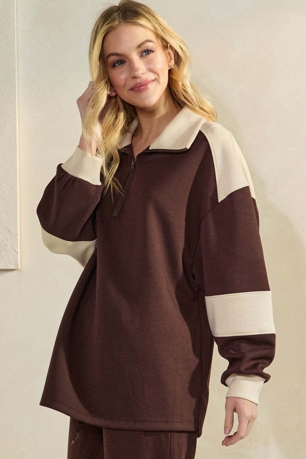 Coffee & Oatmeal Sleek ColorBlock Half-Zip Top