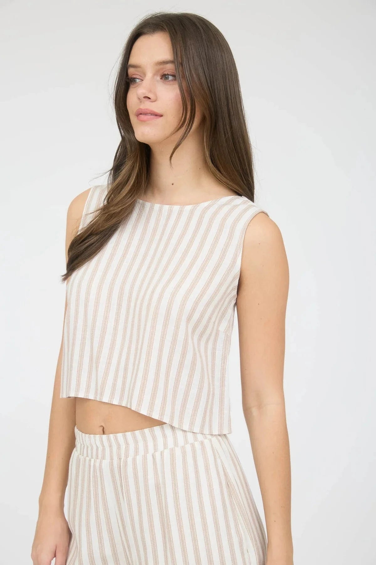 Khaki Stripe Linen Back Tie Sleeveless Top