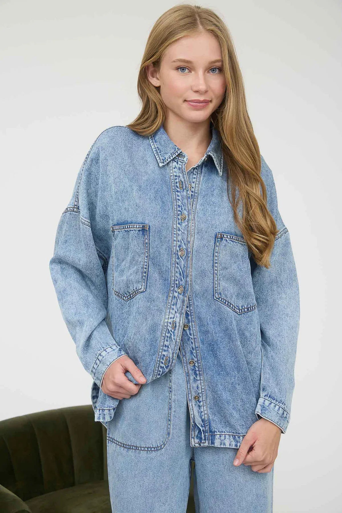 Washed Chambray Button Long Sleeve Shirt