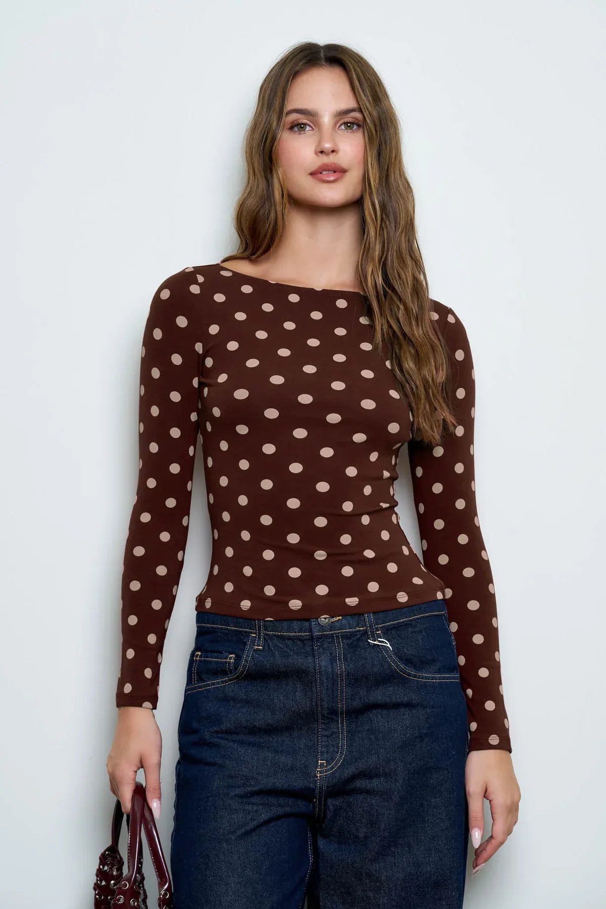 Dark Brown Polka Dot Long Sleeve Knit Top