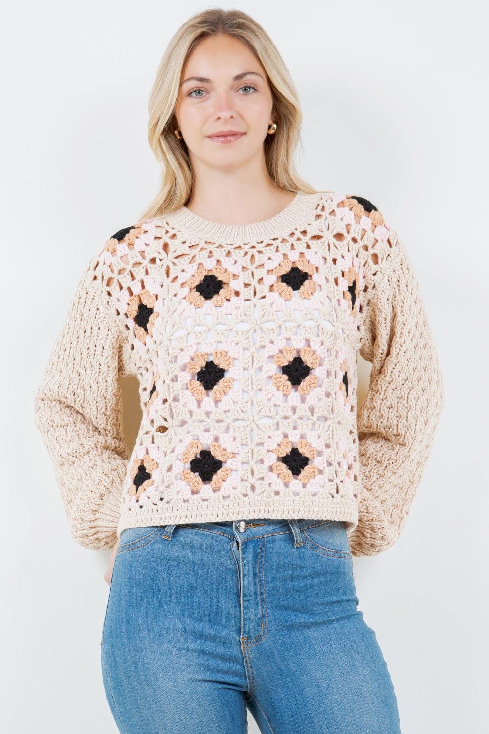 Taupe & Black Crochet Sweater