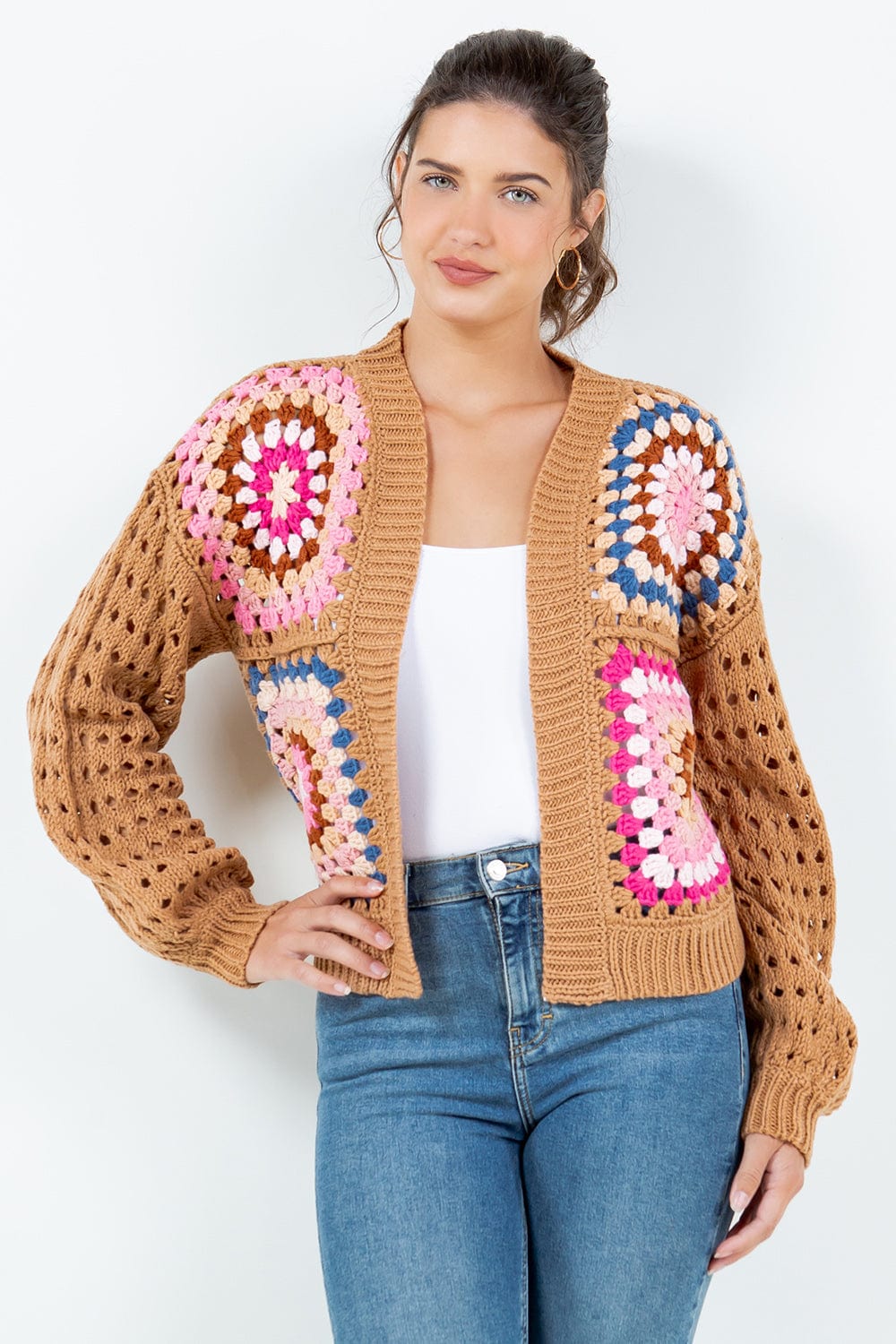 Camel Colored Squares Crochet Cardigan