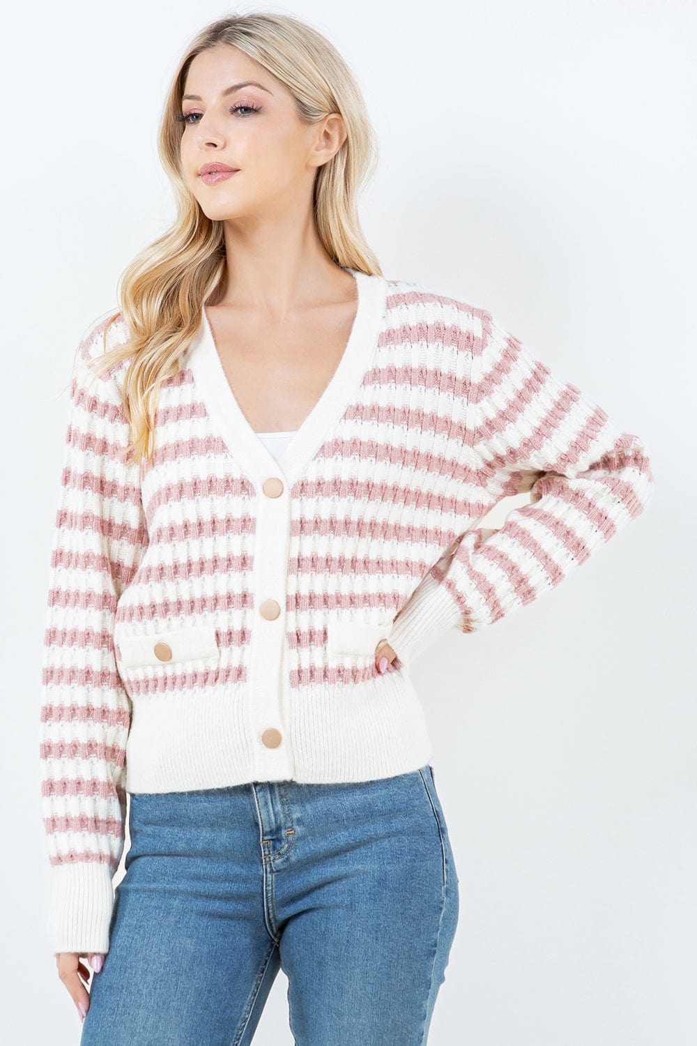 Mauve & Ivory Striped Button Cardigan
