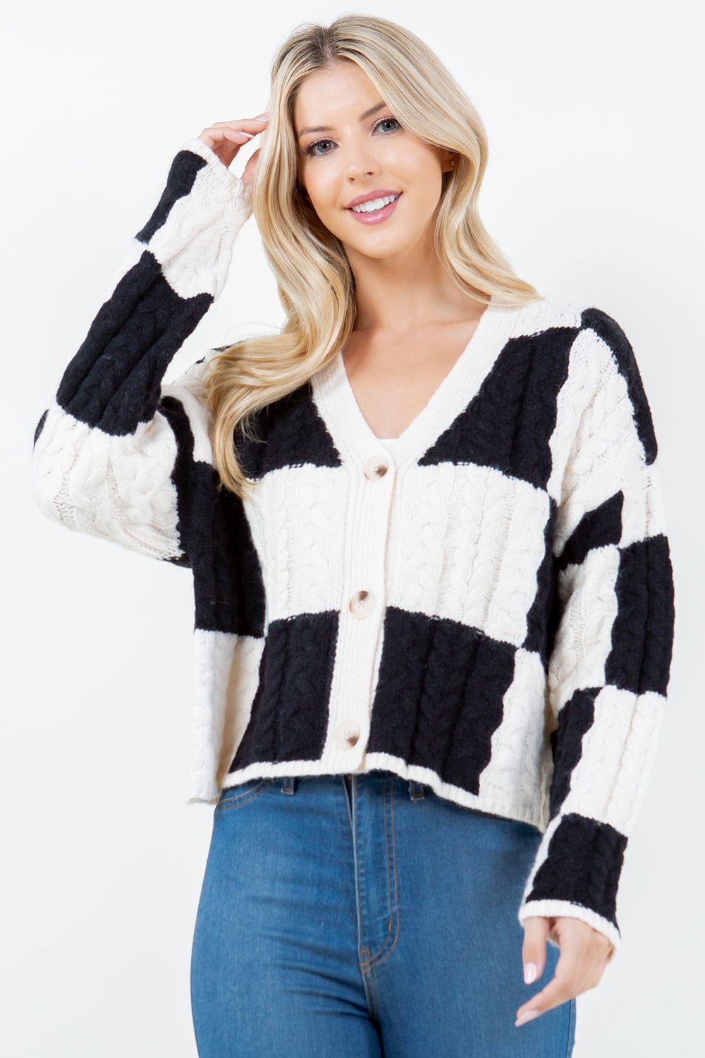 Ivory & Black Checkered Cardigan
