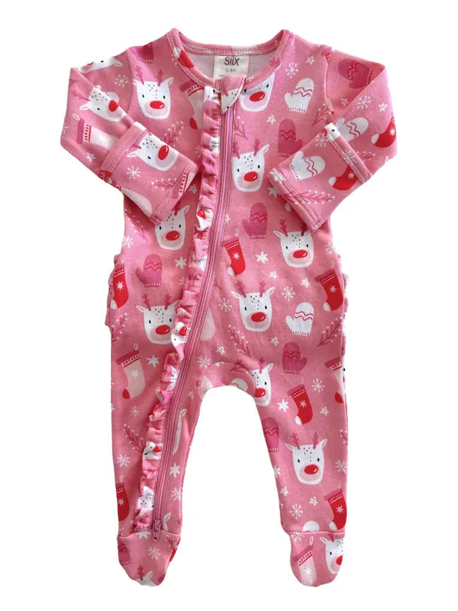 Pink Reindeer Organic Frill Zip Footie