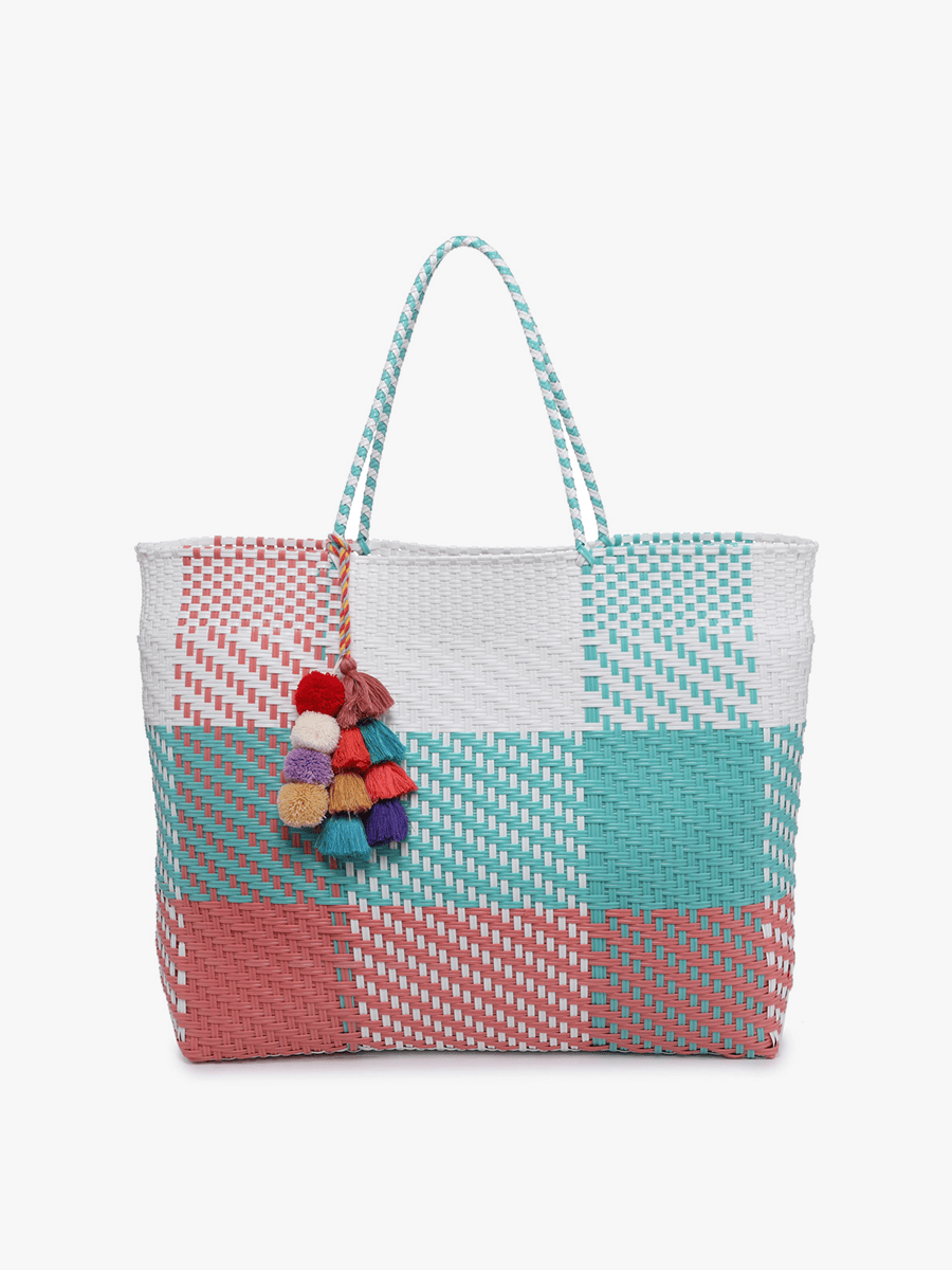 Shelby Large Handwoven Tote w/ Pom-Poms: Plaid-Turquoise/Pink