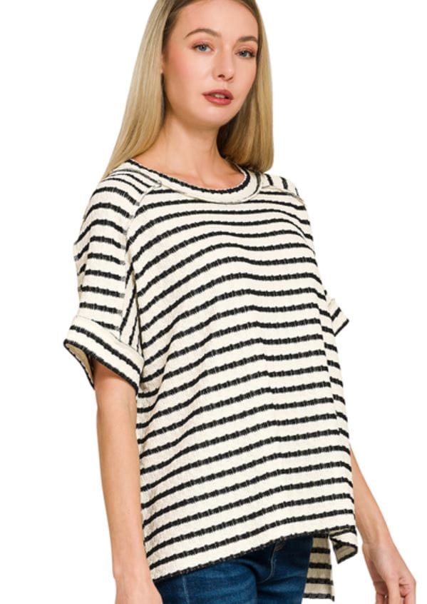 Black Stripe Textured Hi-Low Top