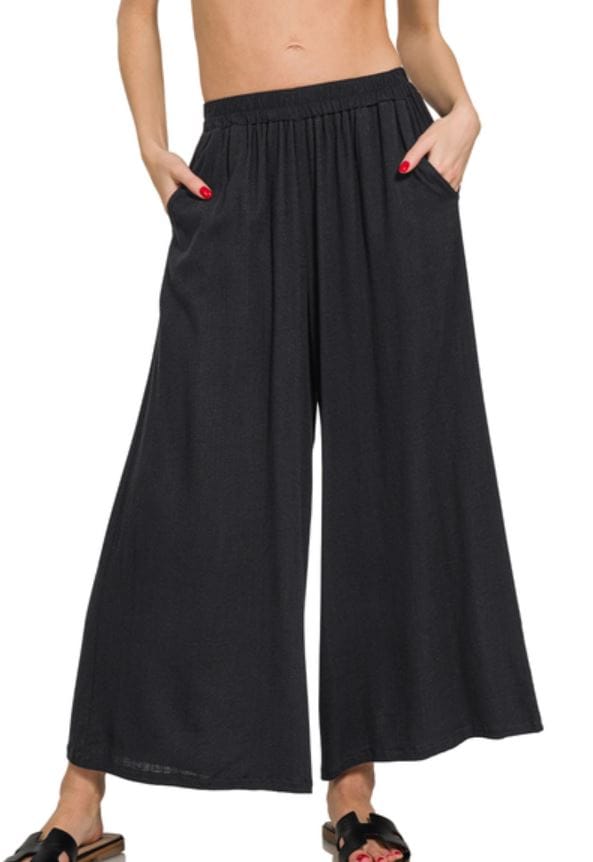 Black Woven Elastic Band Wide Leg Pant