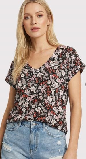 Black & Coral Floral V-Neck Top
